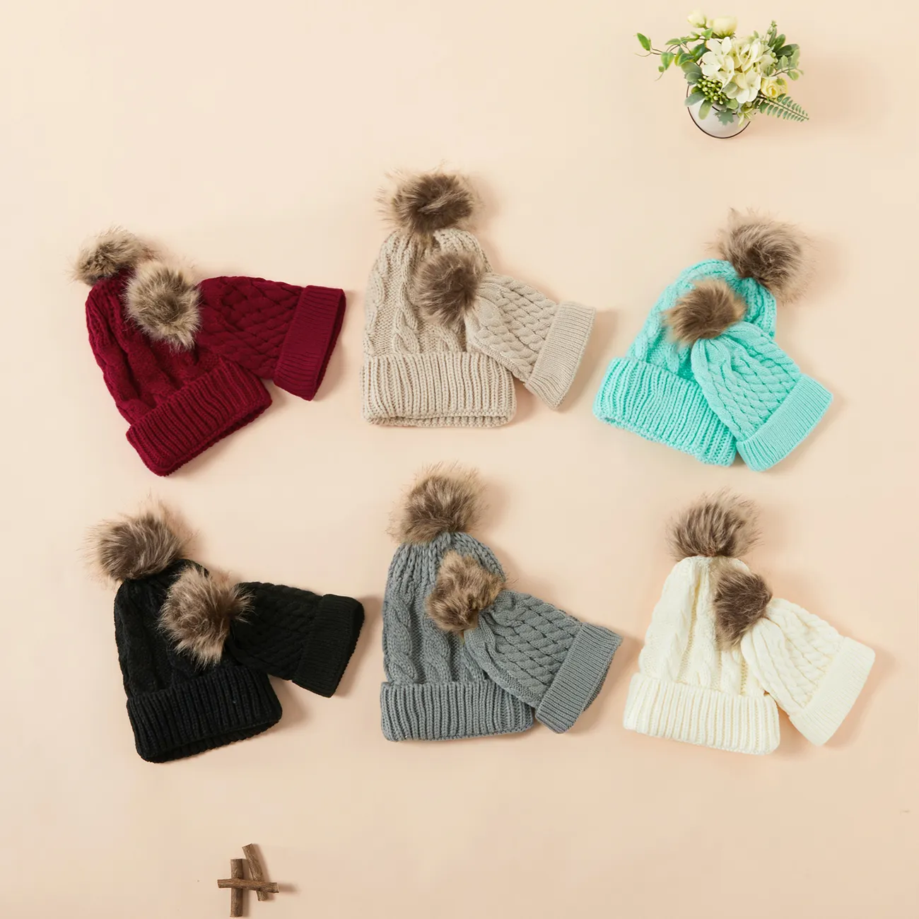 Autumn/Winter Multicolor Hairball Knit Beanie Hats White big image 1