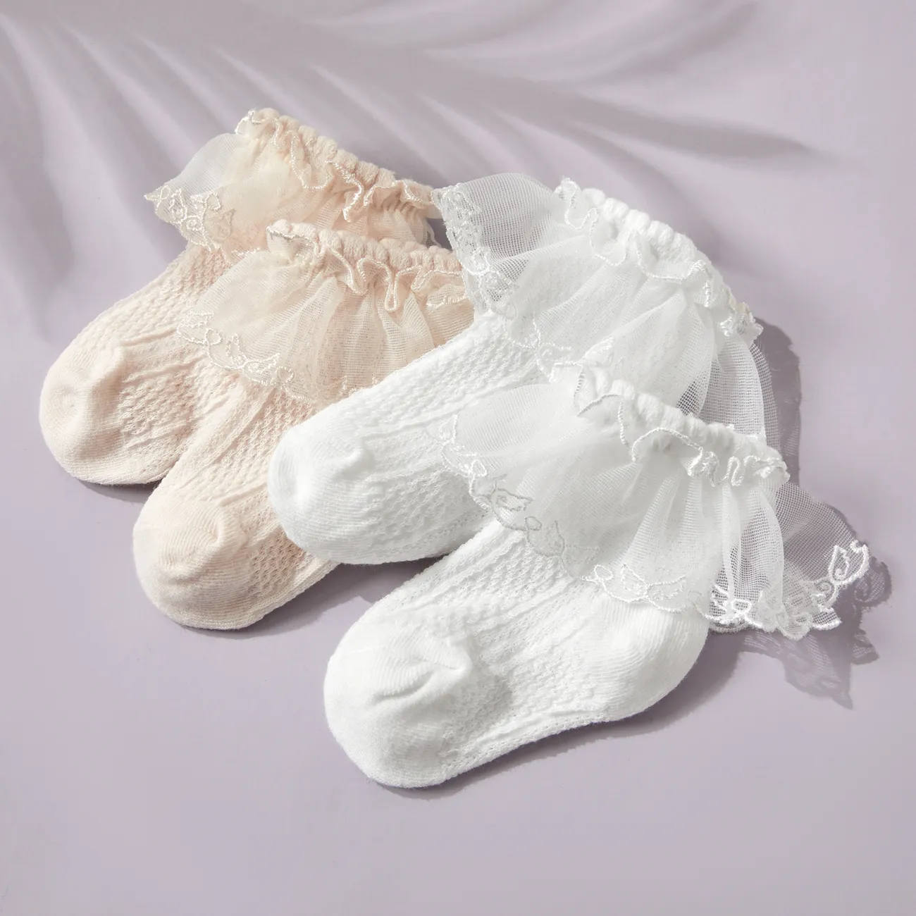 calcetines transpirables con volantes de encaje sólido para bebés / niños pequeños Blanco big image 1