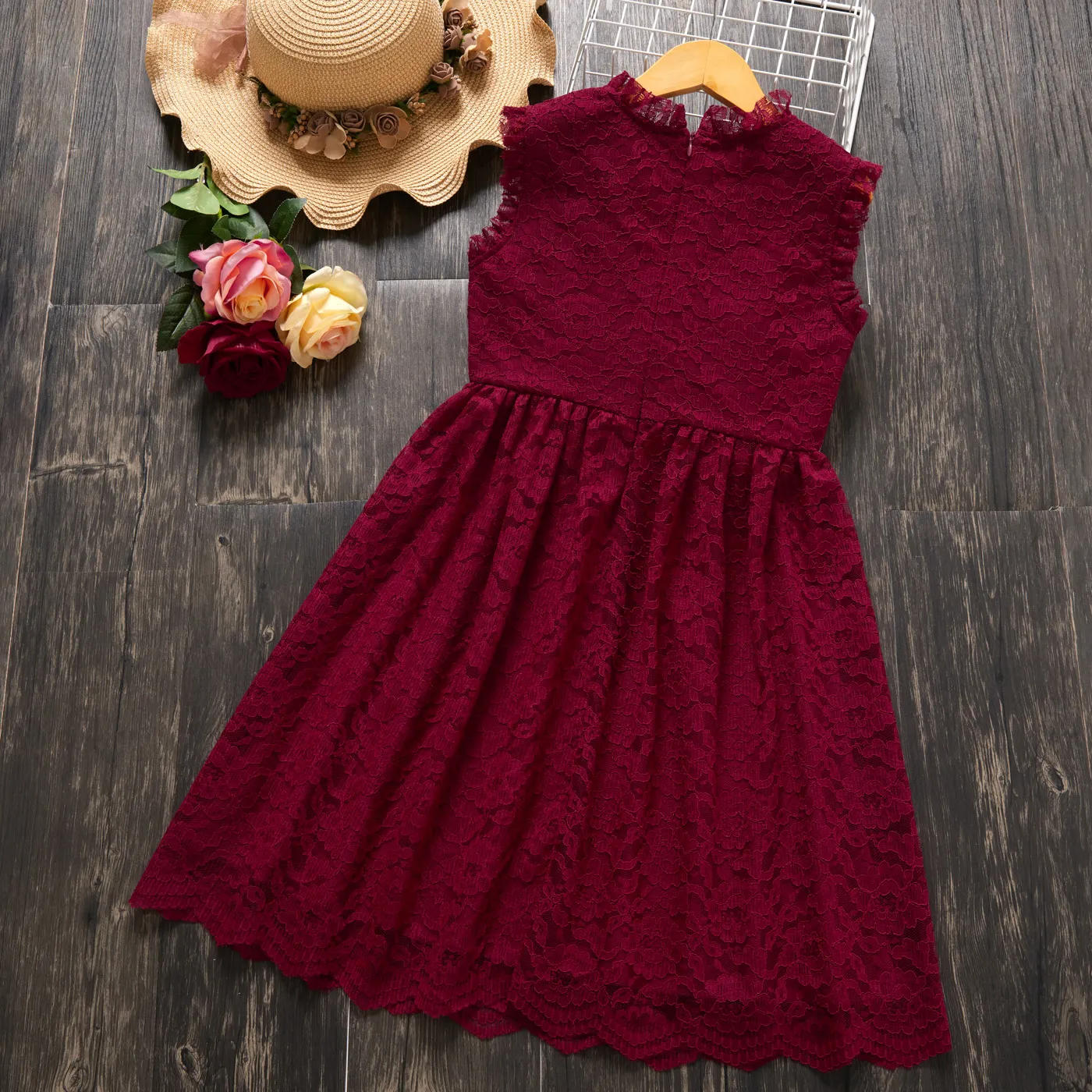 Stylish Kid Girl Princess Lace Sleeveless Solid Dress Red image 5