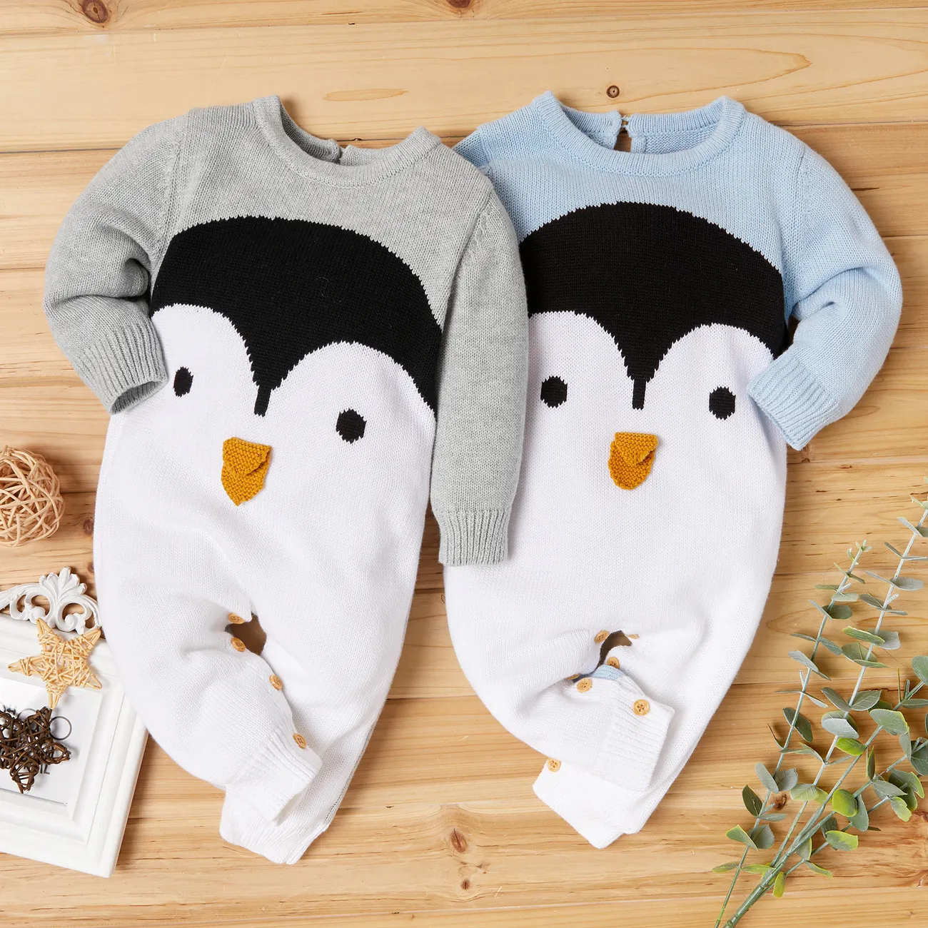 100% Cotton 3D Penguin Beak Knitted Long-sleeve Baby Jumpsuit Grey big image 1