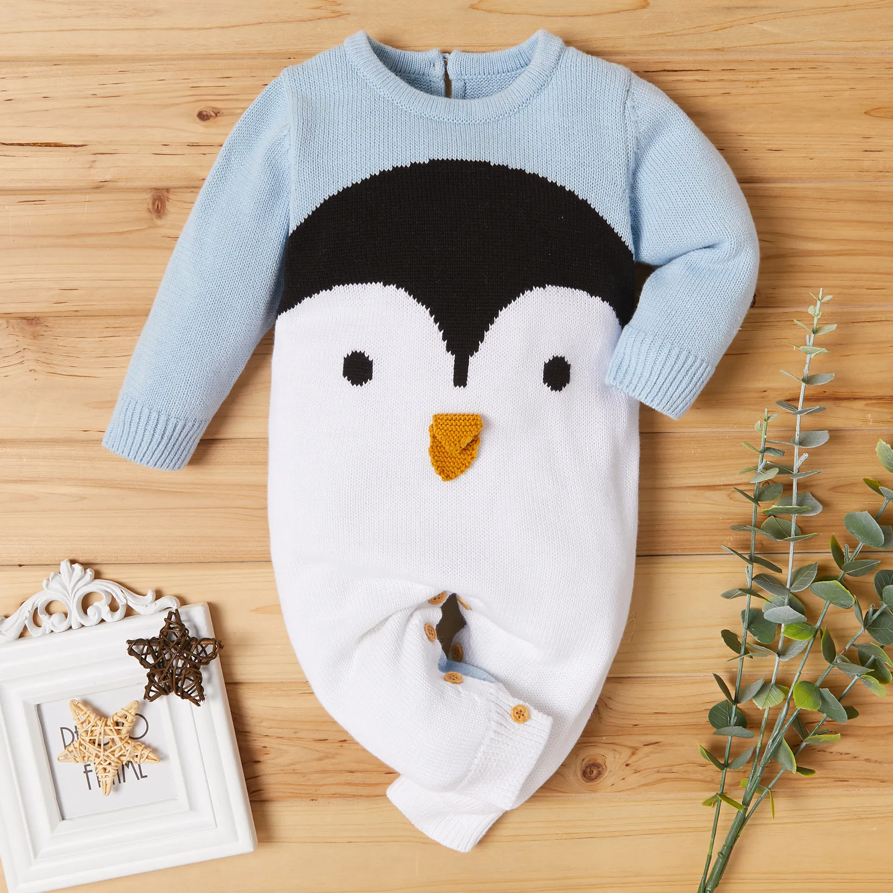 100% Cotton 3D Penguin Beak Knitted Long-sleeve Baby Jumpsuit Light Blue