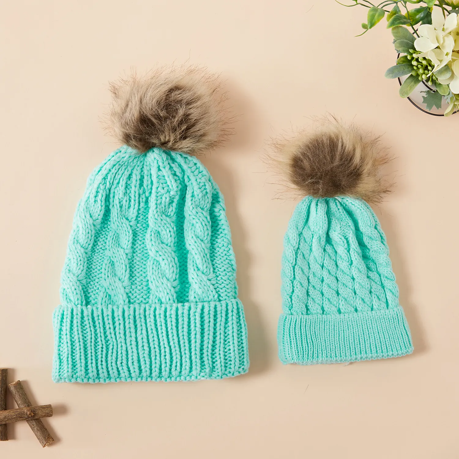 Autumn/Winter Multicolor Hairball Knit Beanie Hats Mint Green