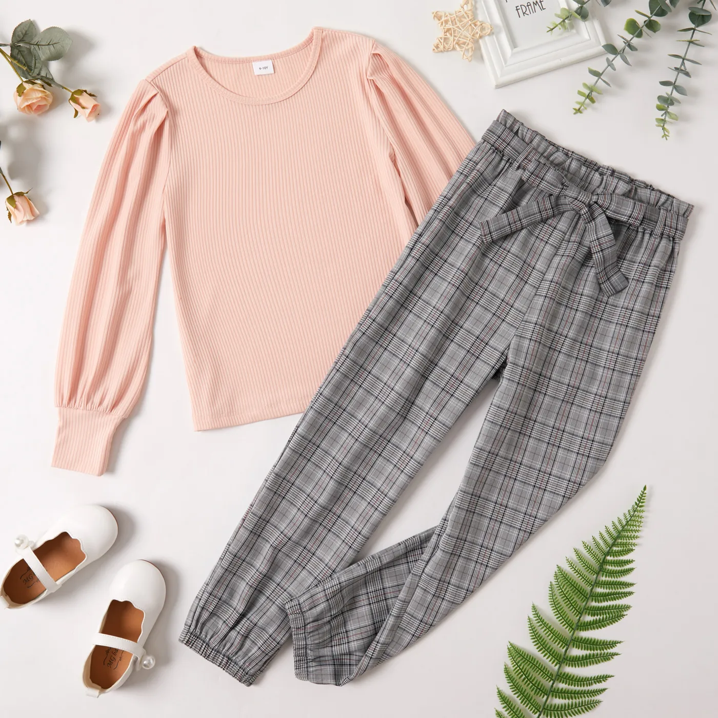 

2-piece Kid Girl Round-collar Solid Long-sleeve Top and Plaid Pants with Belt Set