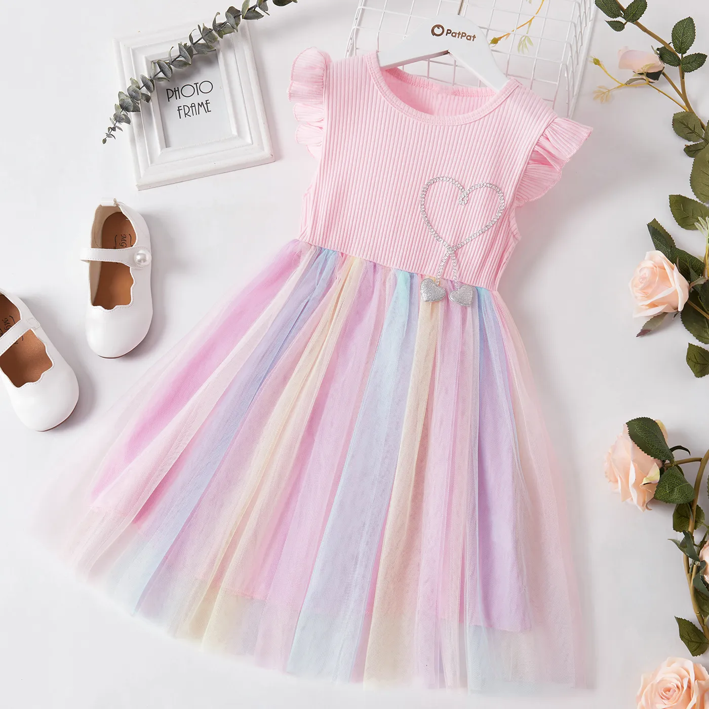 bellissimo vestito da festa in maglia arcobaleno a forma di cuore con maniche a mosca principessa da bambina  big image 10