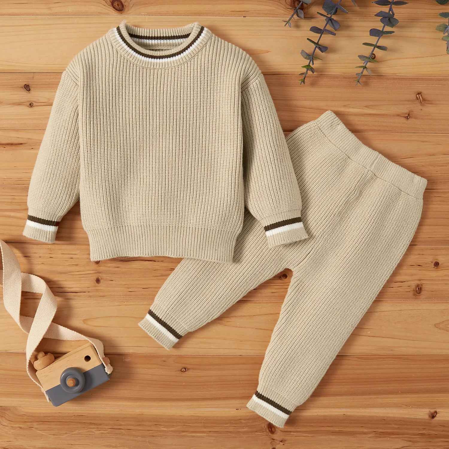 2pcs Solid Stripe Decor Knitted Long-sleeve Baby Set  big image 1