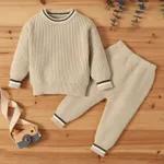 2pcs Solid Stripe Decor Knitted Long-sleeve Baby Set Beige