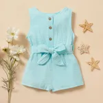 Baby Girl 95% Cotton Crepe Sleeveless Button Up Belted Romper Light Blue
