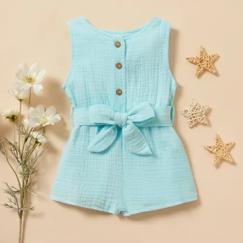 Baby Girl 95% Cotton Crepe Sleeveless Button Up Belted Romper