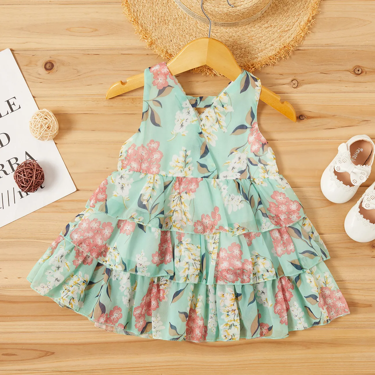 Baby / Toddler Girl Pretty Floral Print Layered Dresses Green big image 1