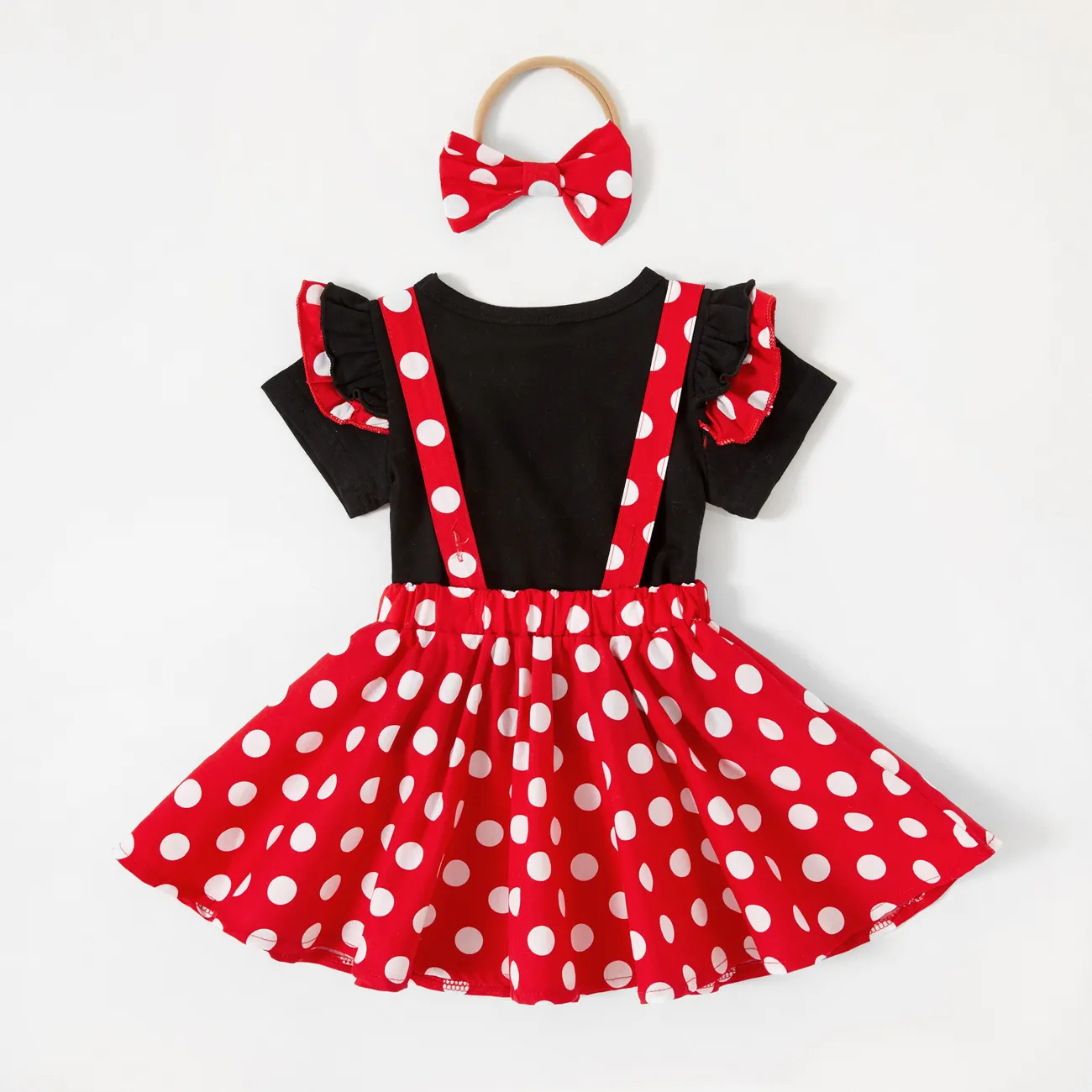 3pcs Baby Girl 95% Cotton Ruffle Short-sleeve Top and Polka Dots Bowknot Suspender Skirt with Headband Set Black/White/Red big image 1