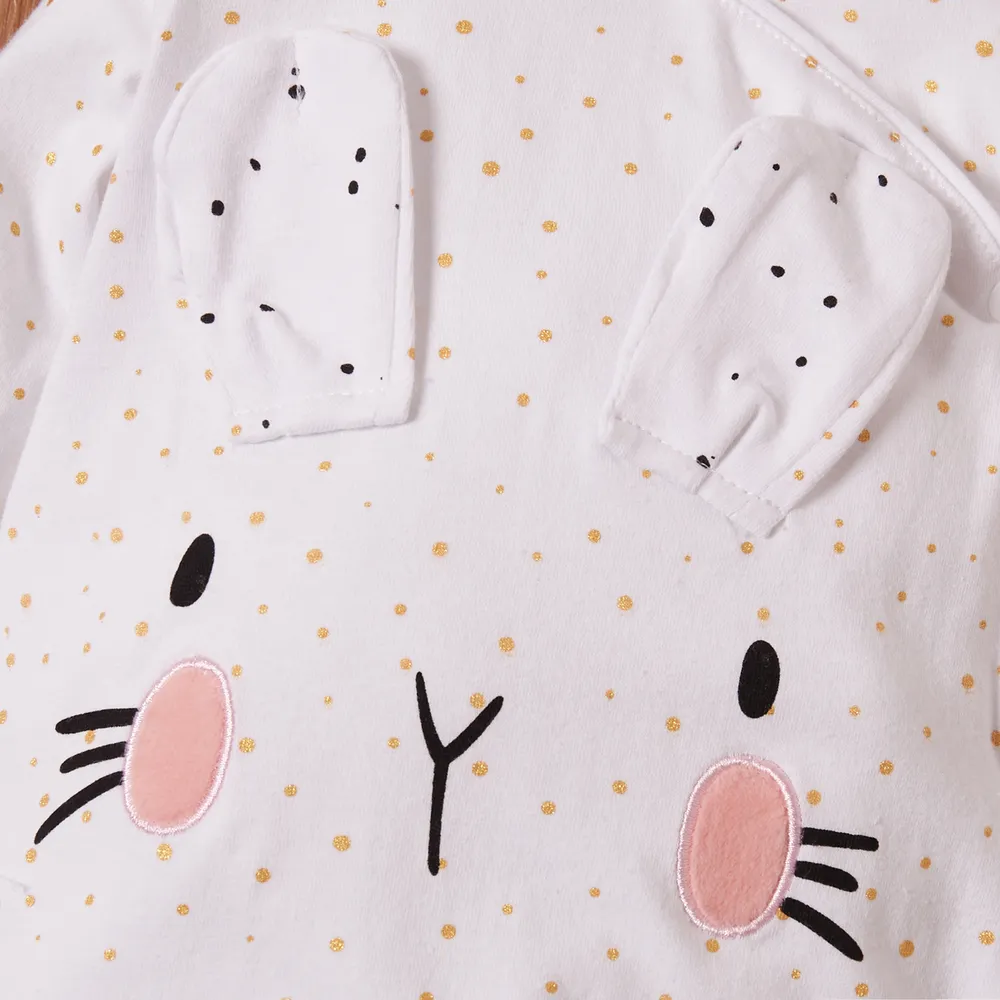 Rabbit Print 3D Ear Desert Dotted Footed/footie Long-sleeve White Baby Jumpsuit big image 4