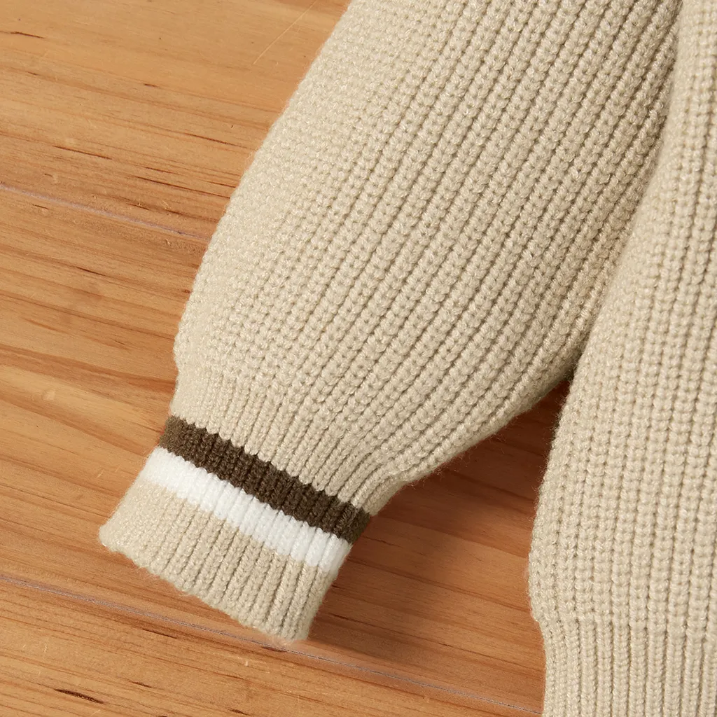 2pcs Solid Stripe Decor Knitted Long-sleeve Baby Set Beige big image 1