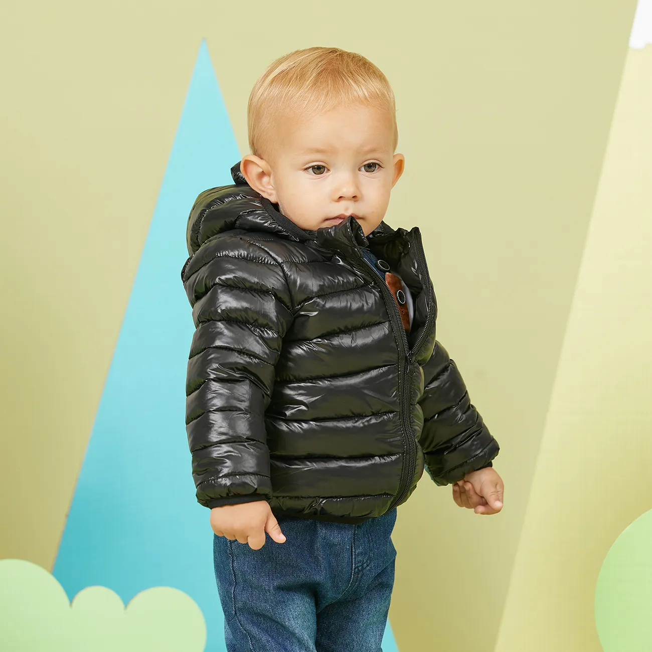 Solid Hooded 3D Ear Design Long-sleeve Baby Coat Jacket Black big image 1