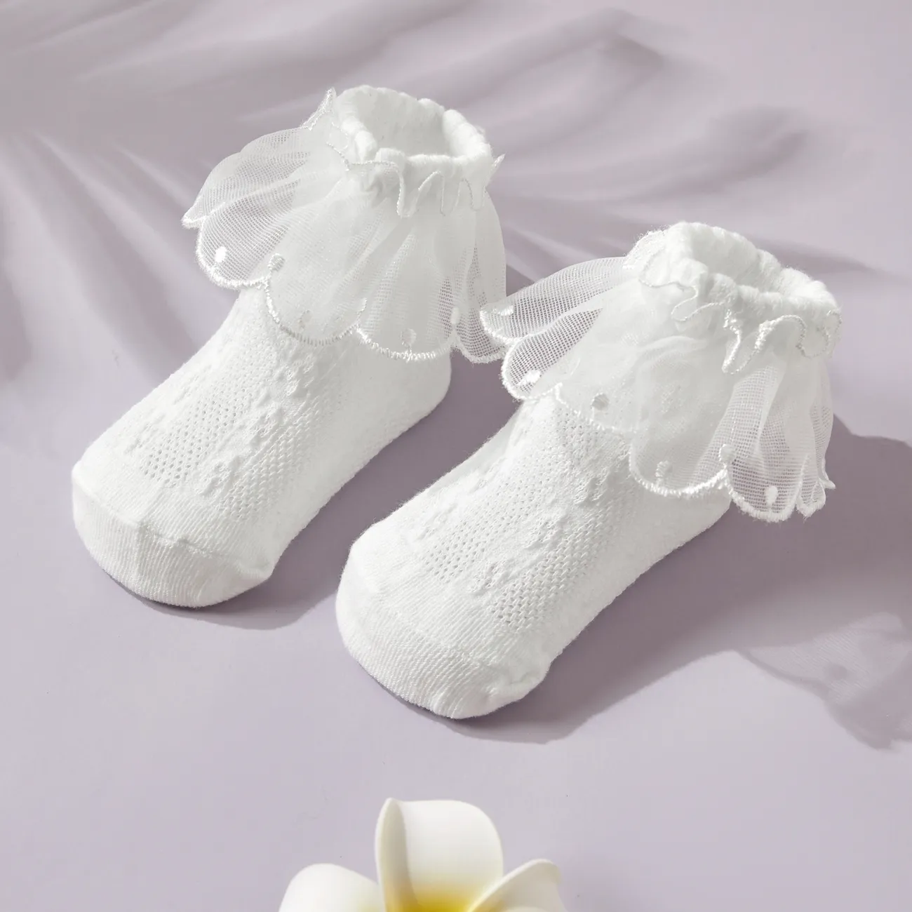 calzini traspiranti a balze in pizzo tinta unita per neonati / bambini Bianco big image 1