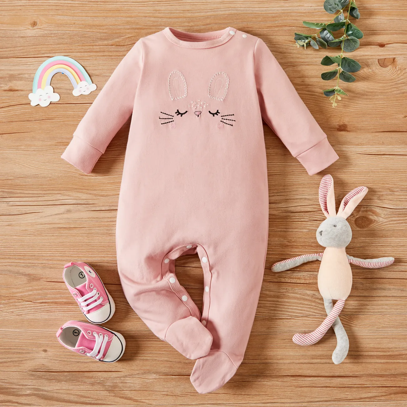 100% Cotton Rabbit Embroidery or Rainbow Print Footed/footie Long-sleeve Baby Jumpsuit