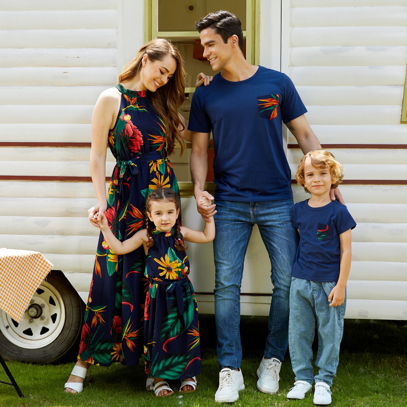

Floral Print Family Matching Sets(Halter Dresses for Mom and Girl; Short Sleeve T-shirts for Dad and Boy)