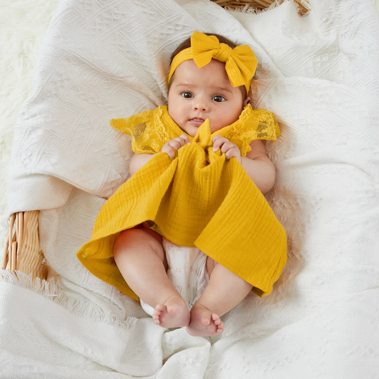 طفلة 95 ٪ قطن كريب بلا أكمام فستان زر BOWKNOT الأصفر big image 1