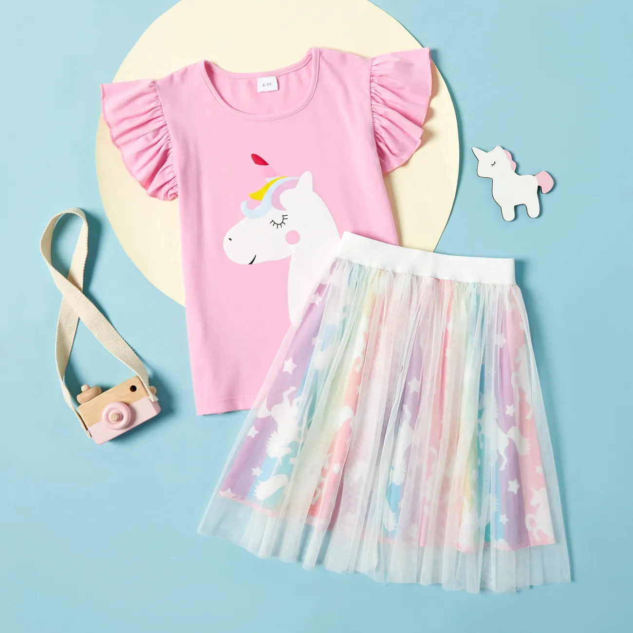 Pretty Kid Girl Flounced Star Unicorn Skirt Suit Pink big image 1