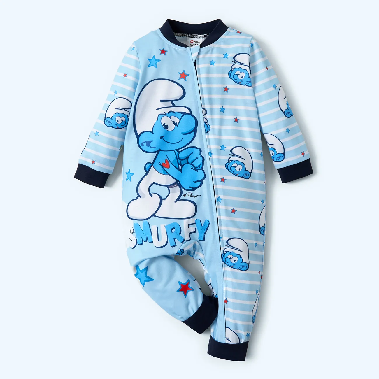 Smurfs Baby Boy Allover Print Striped Zipper Long-sleeve Jumpsuit Color block big image 1