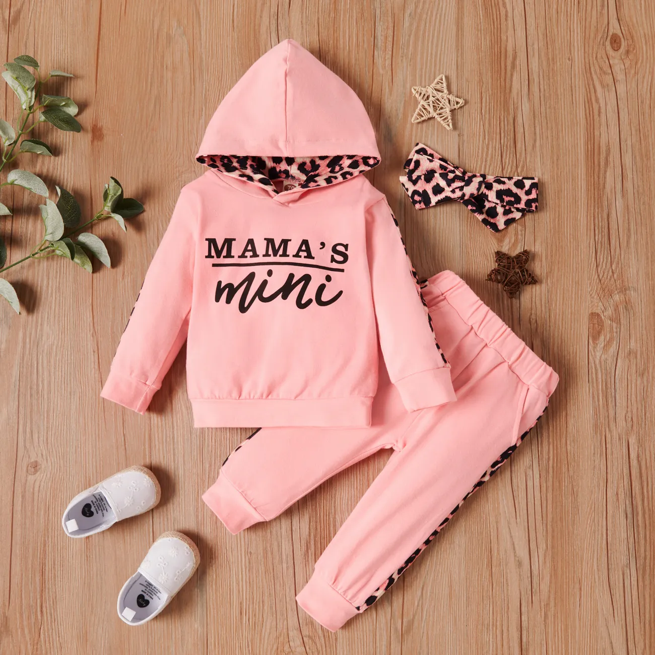100% Cotton 3pcs Leopard and Letter Print Hooded Long-sleeve Baby Set Pink big image 1