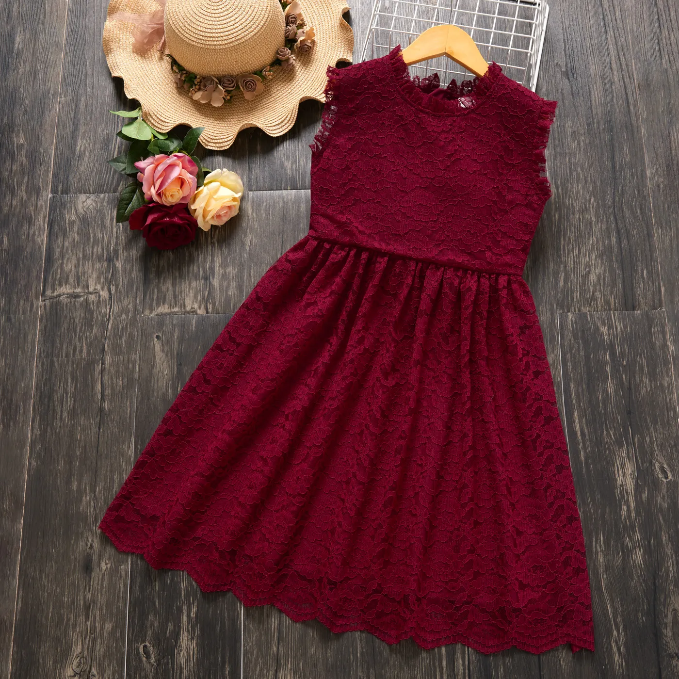 Stylish Kid Girl Princess Lace Sleeveless Solid Dress Red big image 1