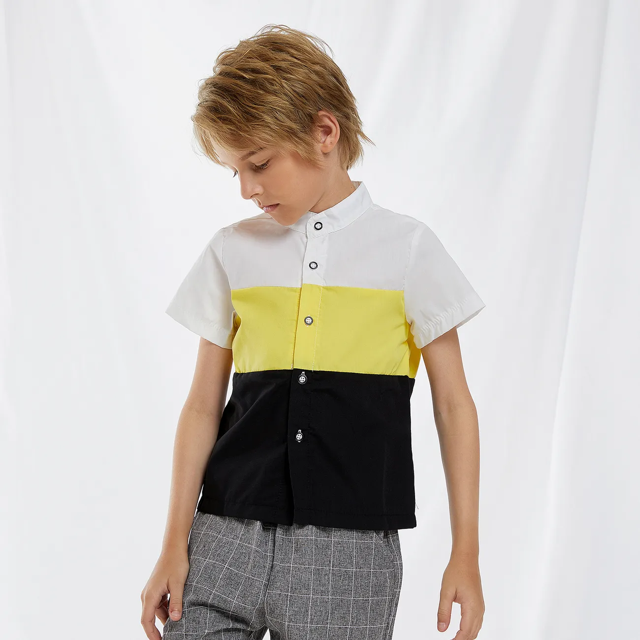 Trendy Kid Boy Short-sleeve Stand Collar Color block Shirt Blouse White big image 1