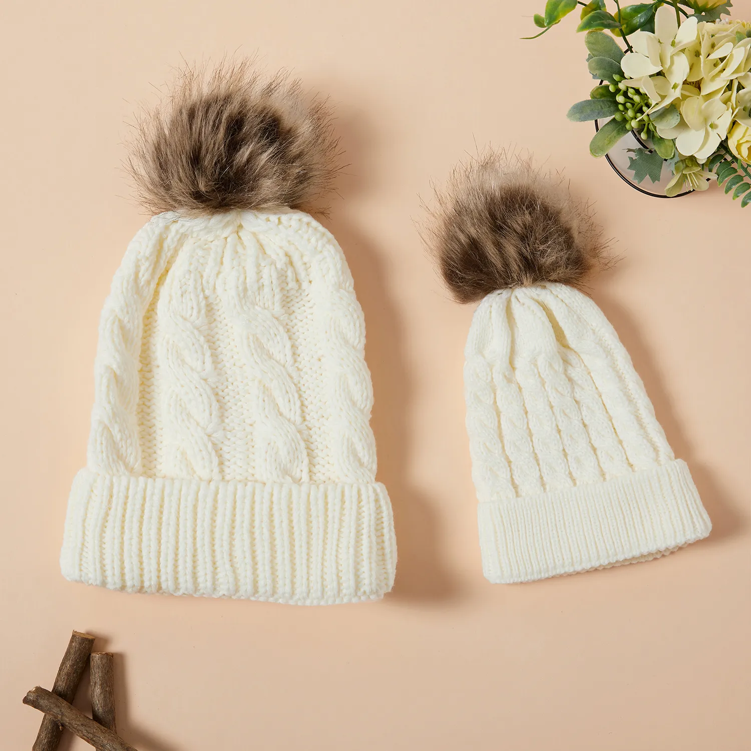 Autumn/Winter Multicolor Hairball Knit Beanie Hats  big image 1