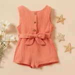 Baby Girl 95% Cotton Crepe Sleeveless Button Up Belted Romper Light Pink