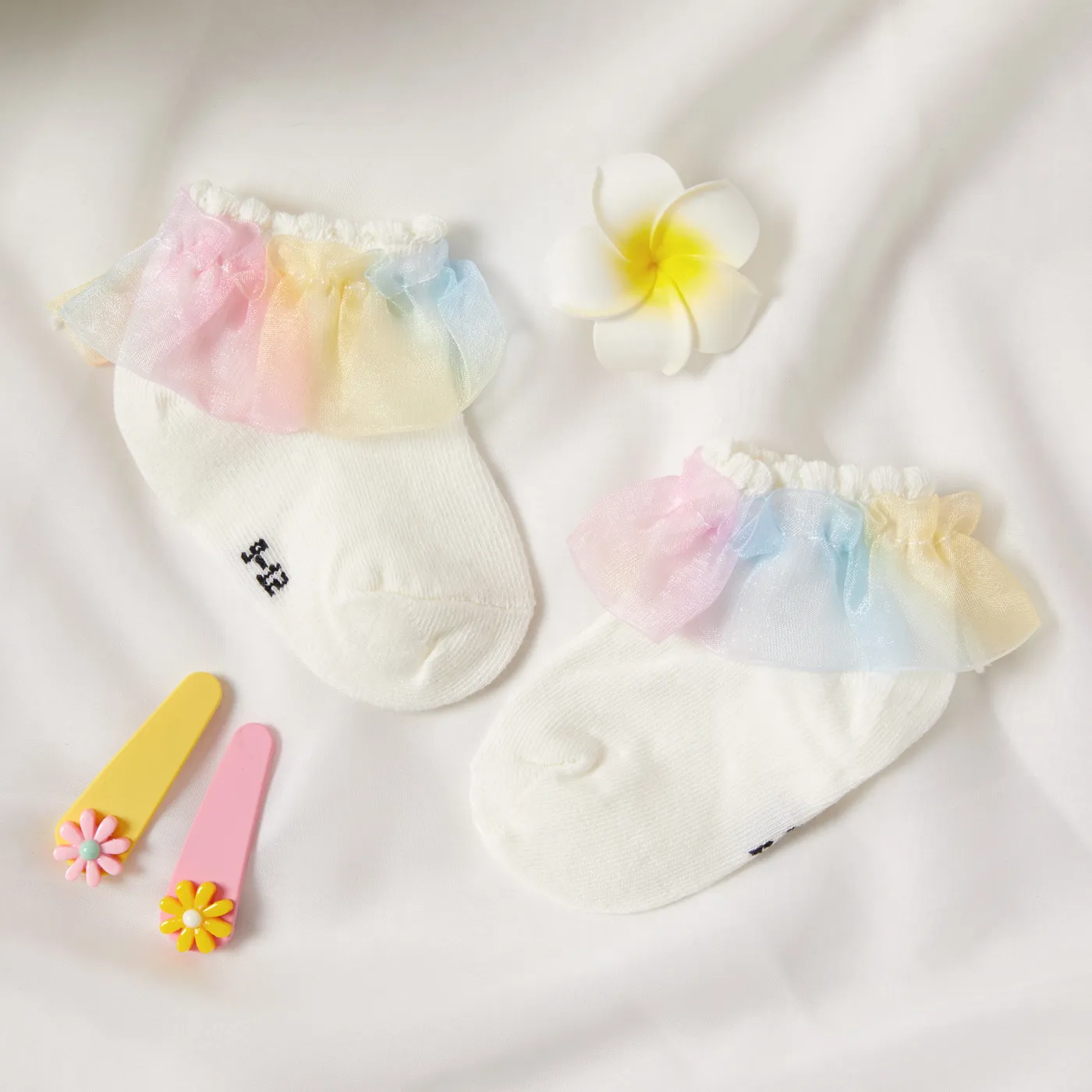 Meias com babados de malha para bebê/criança/criança Branco image 2