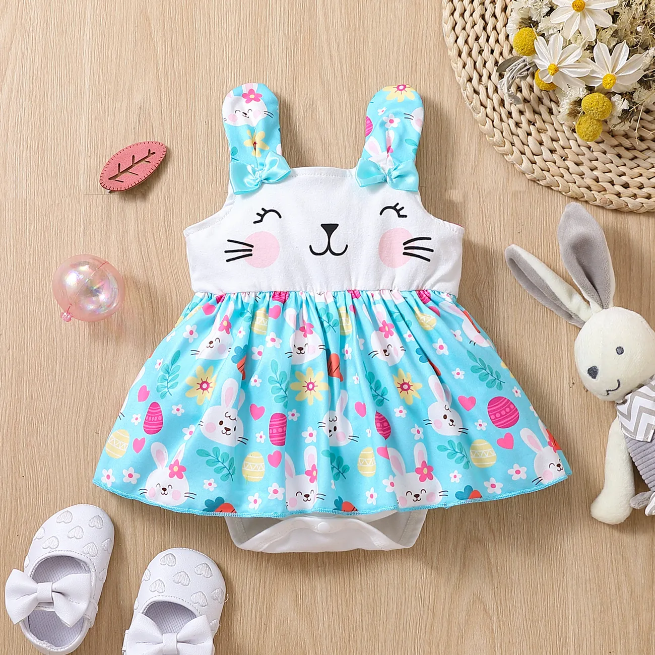 Baby Girl 95% Cotton Rabbit Print Bow Front Sleeveless Romper Blue big image 1