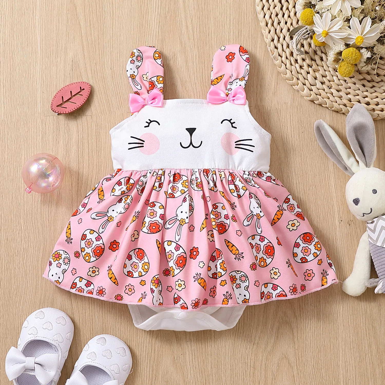 Baby Girl 95% Cotton Rabbit Print Bow Front Sleeveless Romper Pink