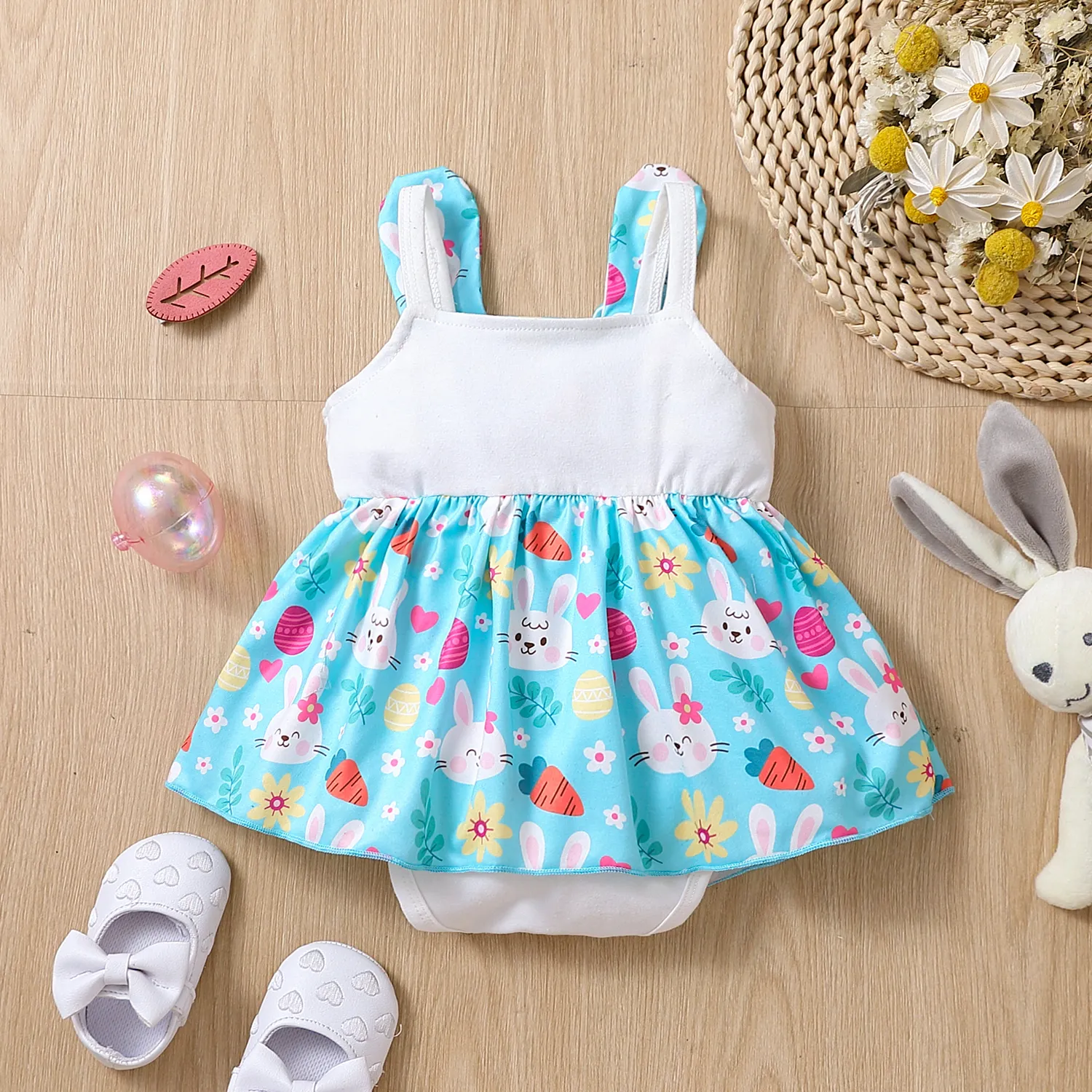 Baby Girl 95% Cotton Rabbit Print Bow Front Sleeveless Romper Blue image 2