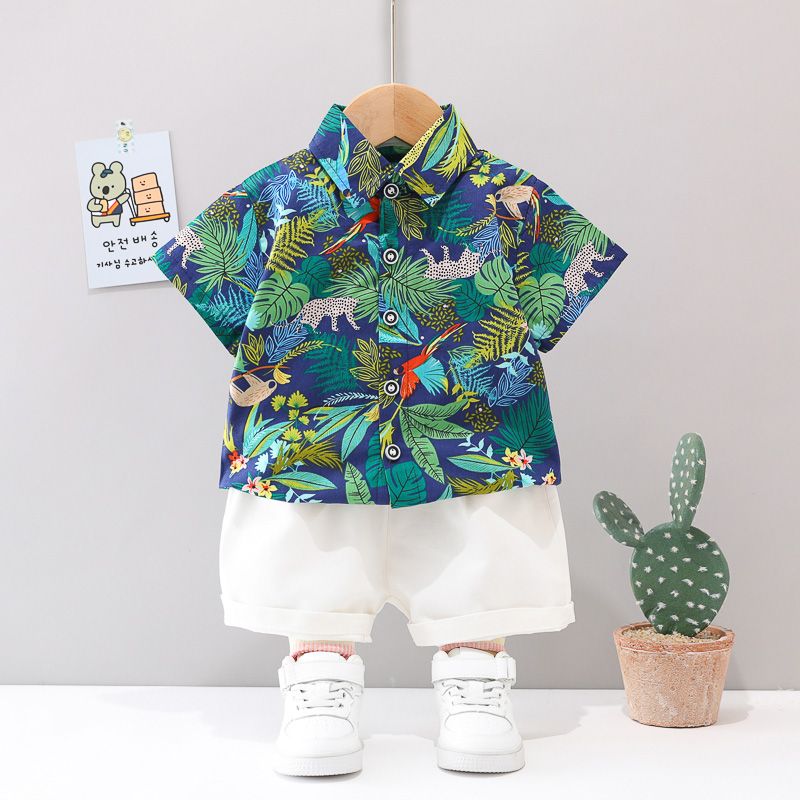 

2pcs Baby Boy 100% Cotton Tropical Print Shirt and Solid Shorts Set