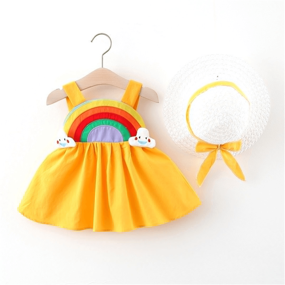 

2pcs Toddler Girl 100% Cotton Rainbow Slip Dress and Bow Decor Hat Set