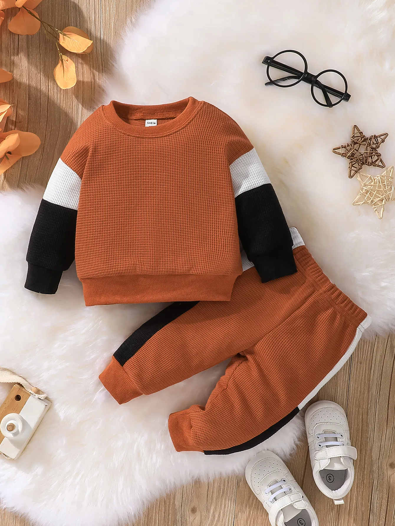 2pcs Baby Girl/Boy Waffle Color Block Top and Pants Set  Brown