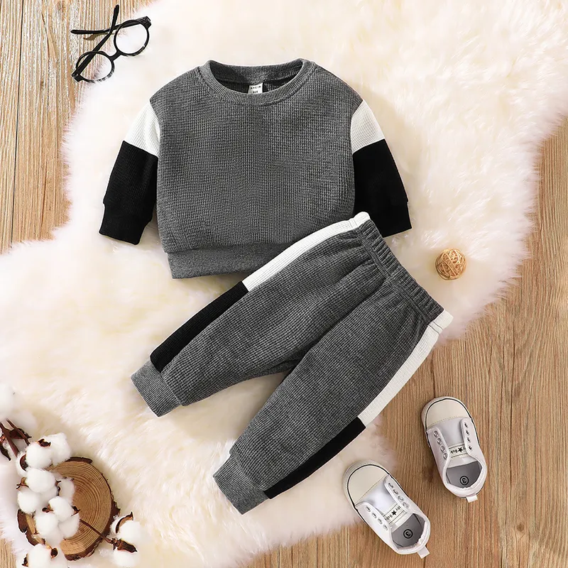 2pcs Baby Girl/Boy Waffle Color Block Top and Pants Set  Grey