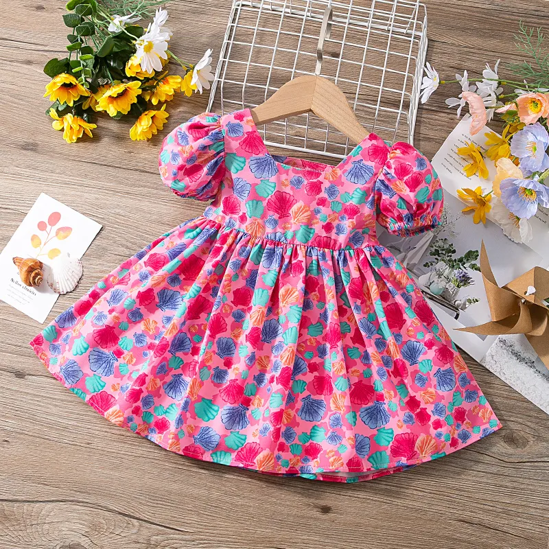 Baby Girl Allover Floral Print Puff Sleeve Dress Multi-color big image 1