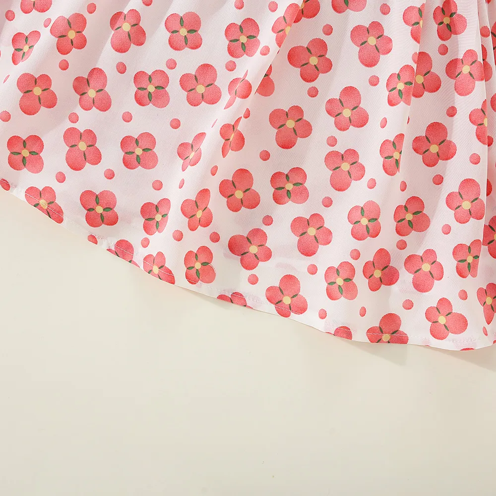 2pcs Baby Girl Allover Floral Print Bow Decor Strappy Dress and Straw Hat Set Pink image 6