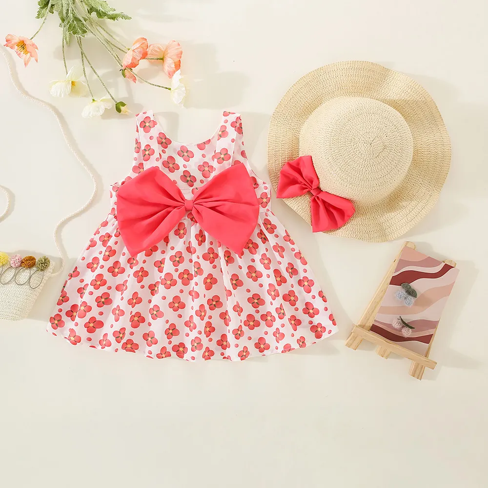 2pcs Baby Girl Allover Floral Print Bow Decor Strappy Dress and Straw Hat Set Pink big image 1