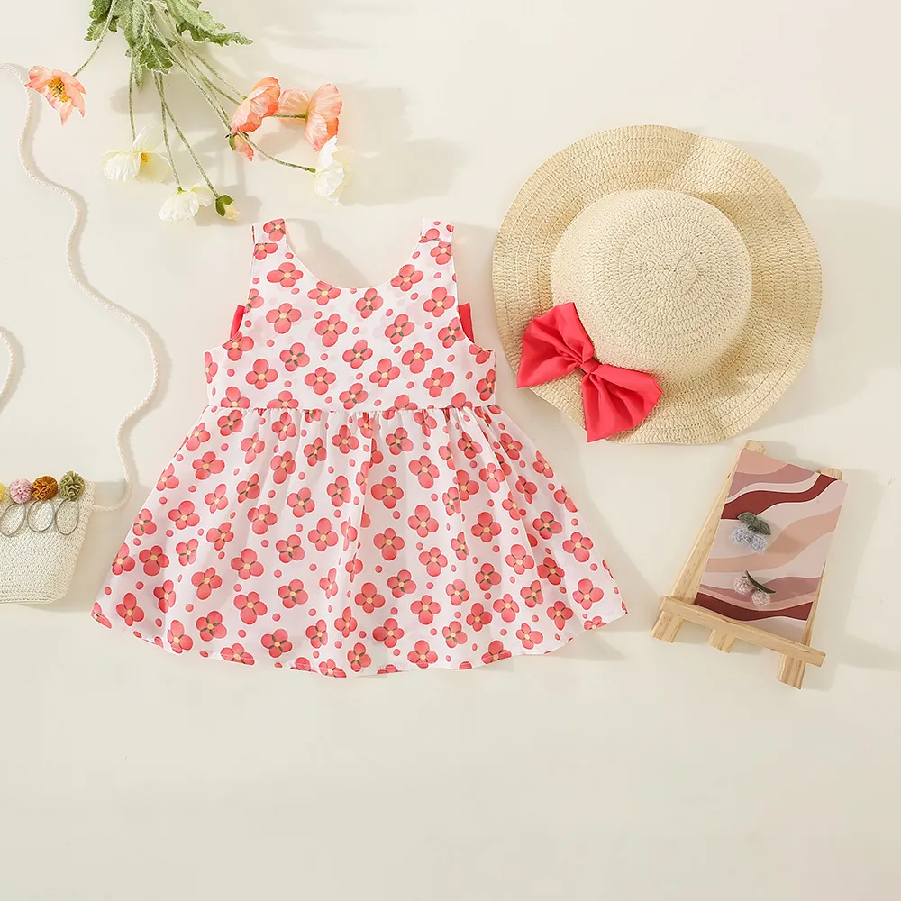2pcs Baby Girl Allover Floral Print Bow Decor Strappy Dress and Straw Hat Set Pink image 2