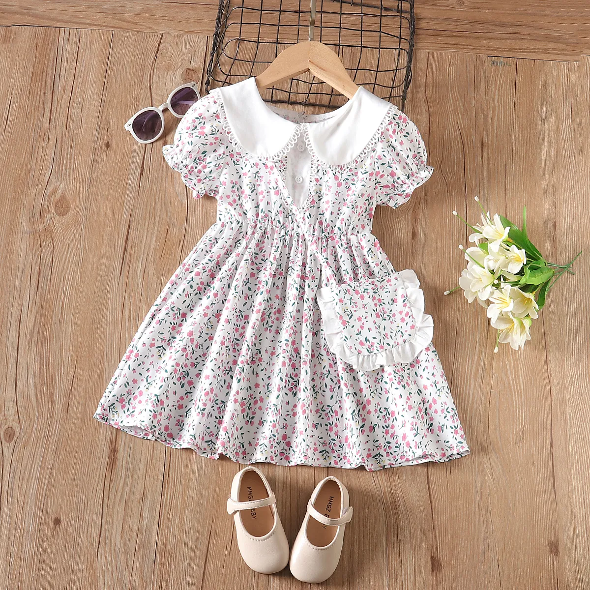 2pcs Toddler Girl Allover Floral Print Doll Collar Puff Sleeve Dress With Crossbody Bag