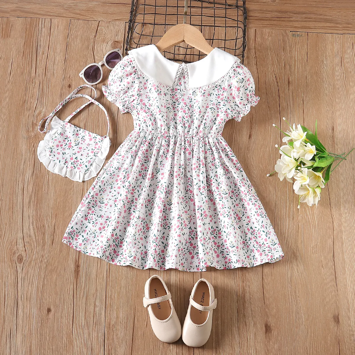 2pcs Toddler Girl Allover Floral Print Doll Collar Puff Sleeve Dress with Crossbody Bag Pink image 2