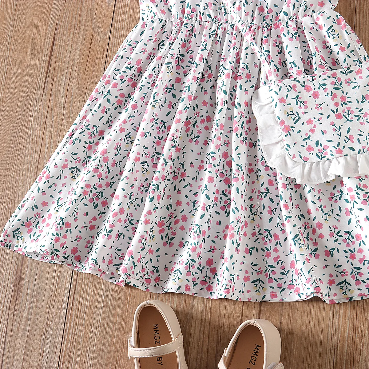 2pcs Toddler Girl Allover Floral Print Doll Collar Puff Sleeve Dress with Crossbody Bag Pink image 3