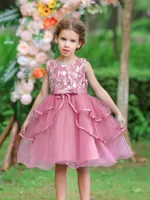 Toddler Girl Elegante vestido de múltiples capas con traje de flores tropicales  Rosa oscuro