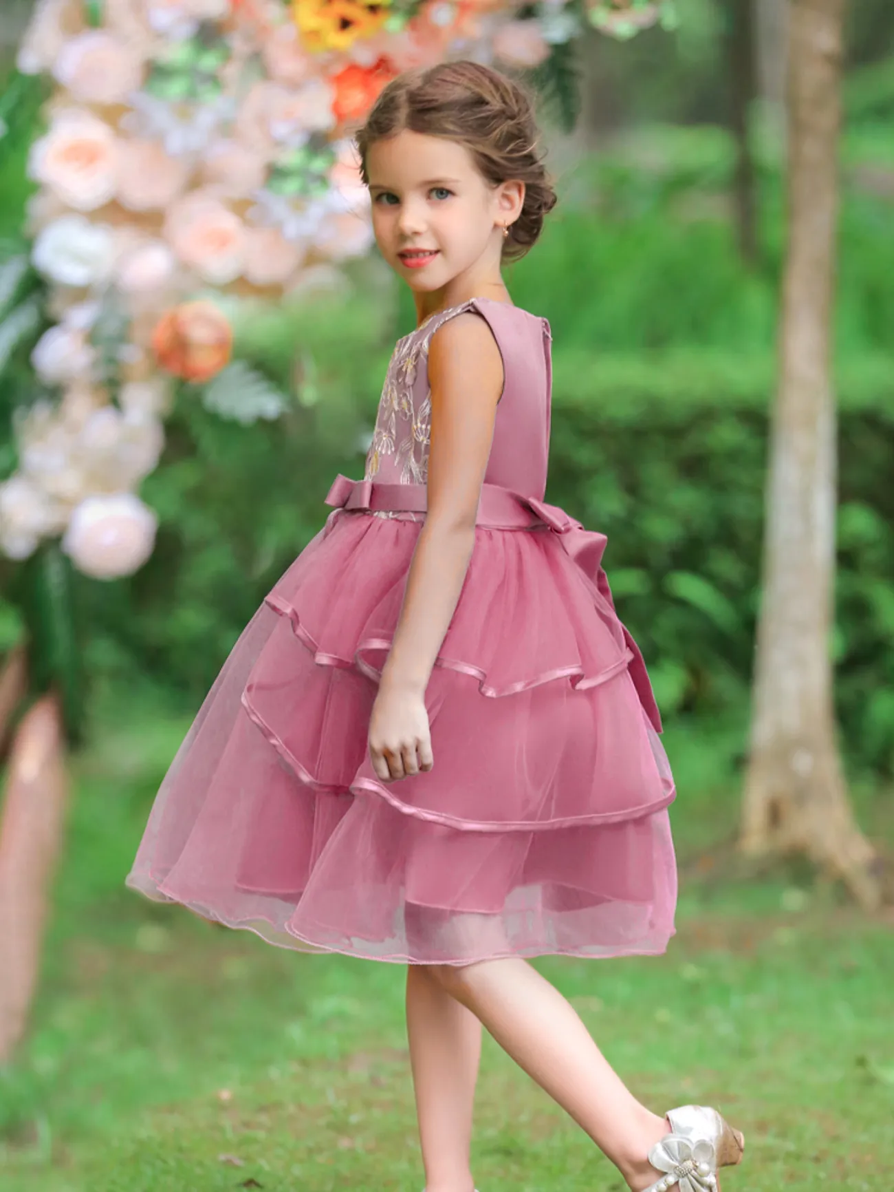 فتاة صغيرة أنيقة متعددة الطبقاتاستوائية زهرة زي اللباس  وردي غامق big image 1