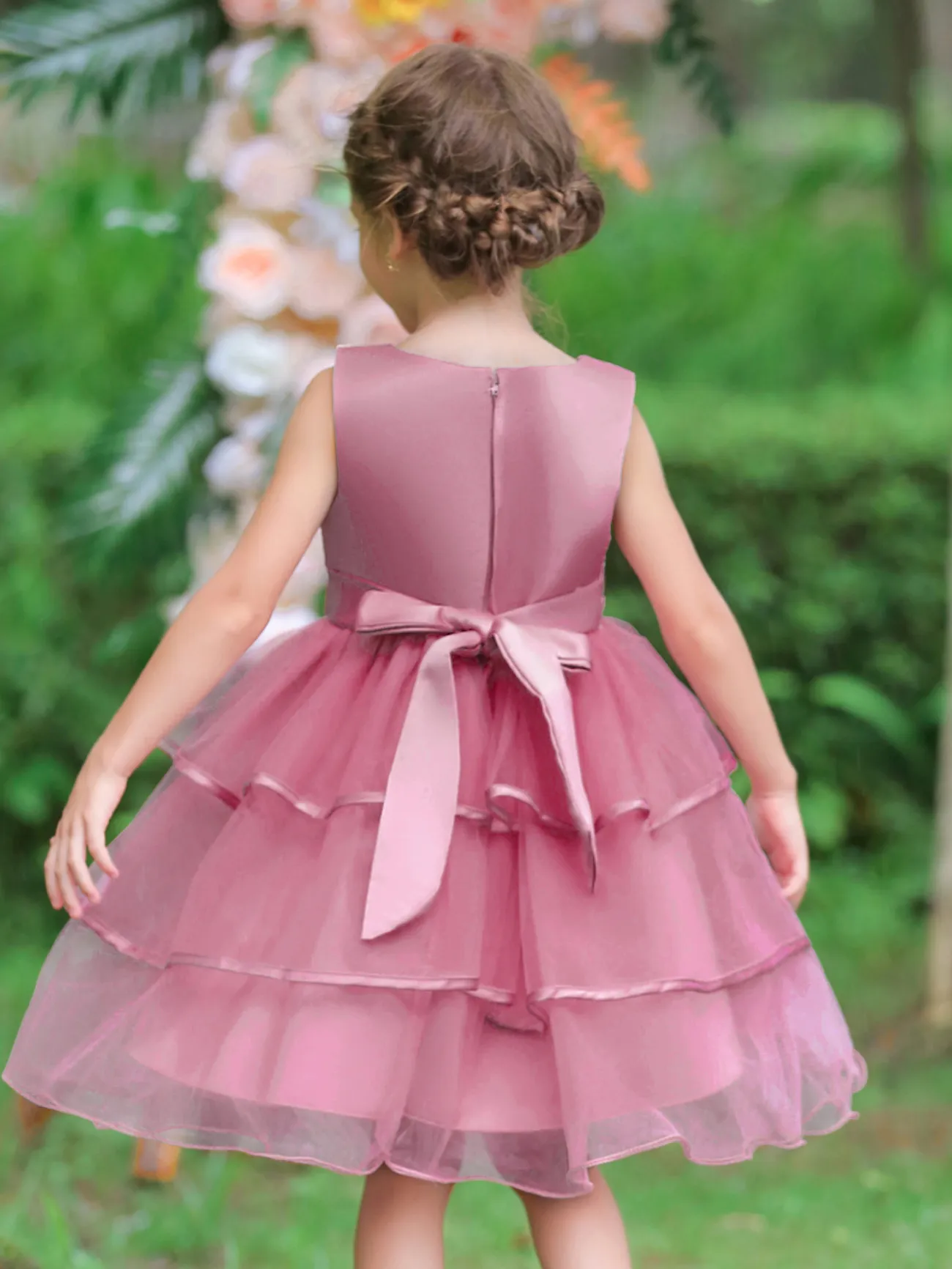 Toddler Girl Elegante vestido de múltiples capas con traje de flores tropicales  Rosa oscuro big image 1