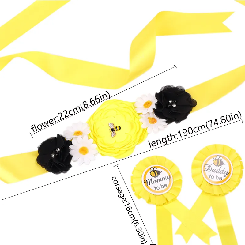 Maternity Dress Belt, Green Flower Decorated Waistband, Mom To Be Waist Seal and Chest Badge Set Yellow