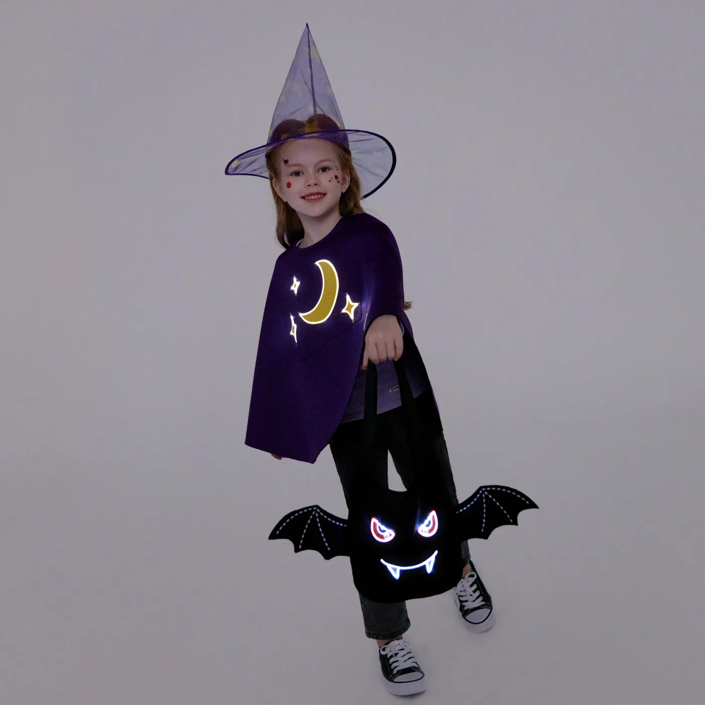 Go-Glow Halloween Illuminating Purple Cape with Wizard Hat with Light Up Moon and Stars Including Controller (Built-In Battery)  image 6