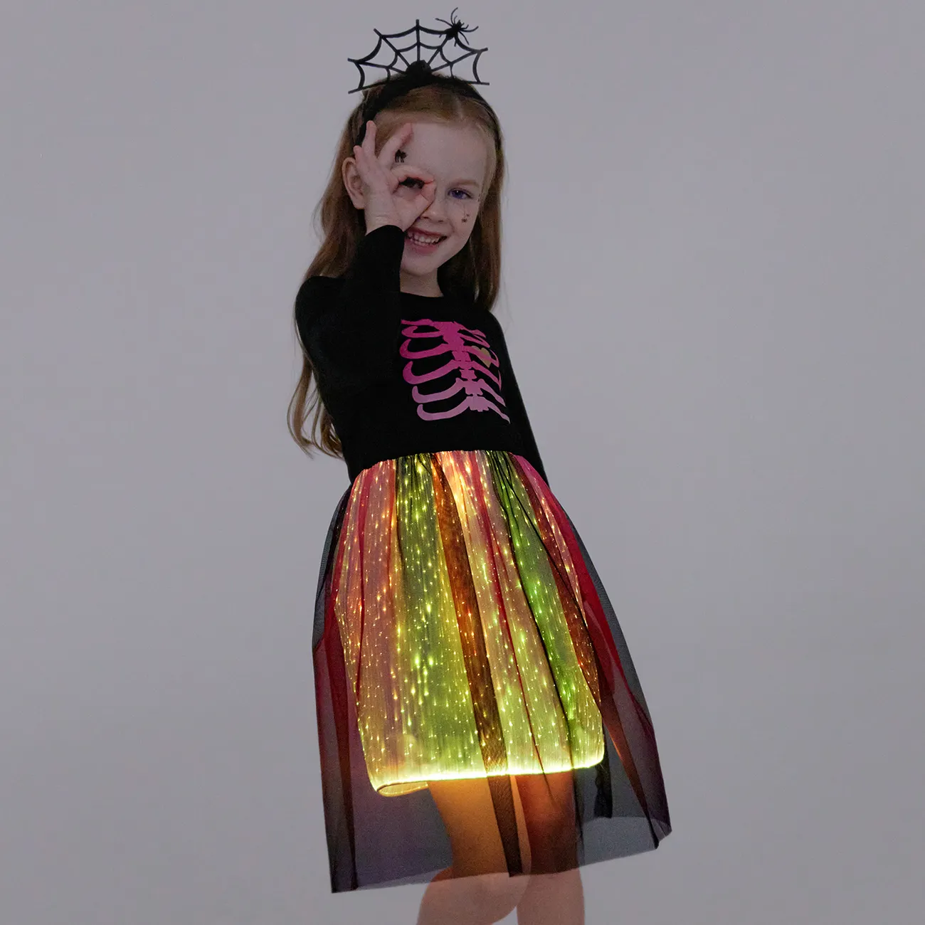 Go-Glow Halloween Illuminating Kid Dress with Light Up Stripes Color Clash Skirt Including Controller (Built-In Battery) Black big image 1