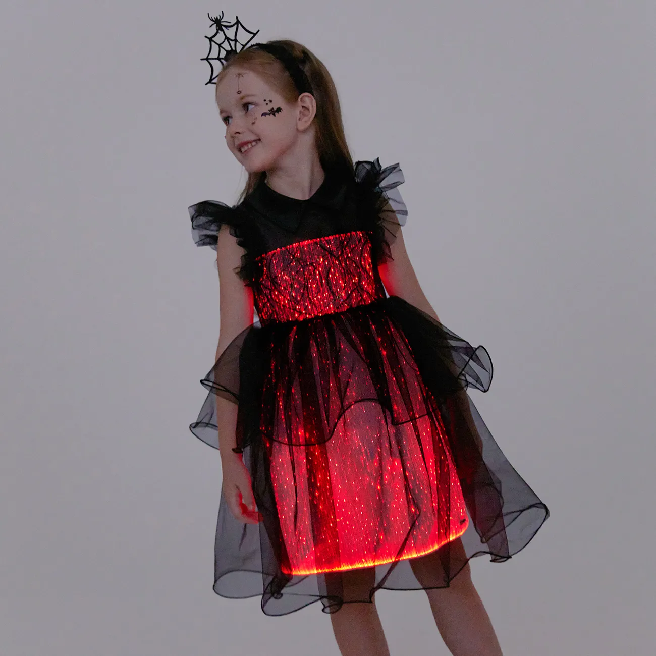 Go-Glow Wednesday Look Illuminating Black Dress with Light Up Layered Tulle Skirt Including Controller (Built-In Battery) Black big image 1
